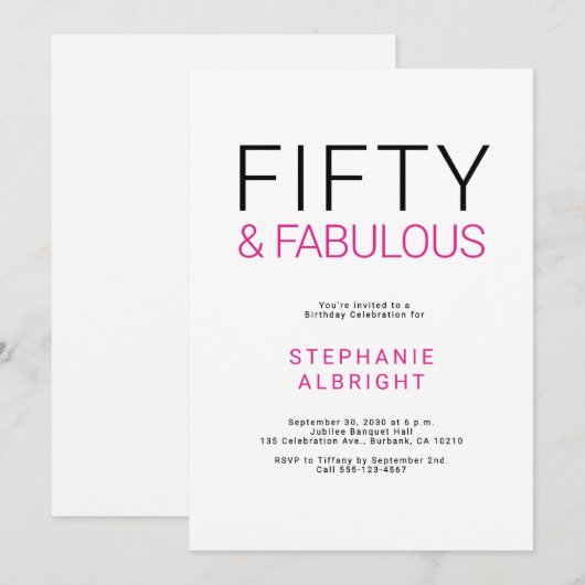 Minimal Fifty and Fabulous 50th Birthday Party Kaart (Voorkant / Achterkant)
