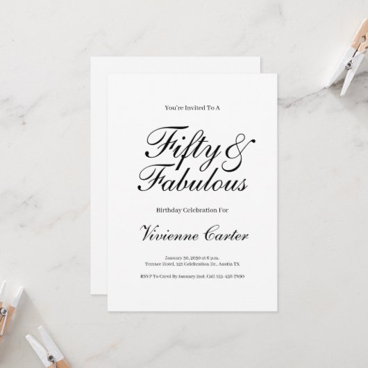 Minimal Fifty and Fabulous 50th Birthday Party Kaart (Voorkant / Achterkant in situ)