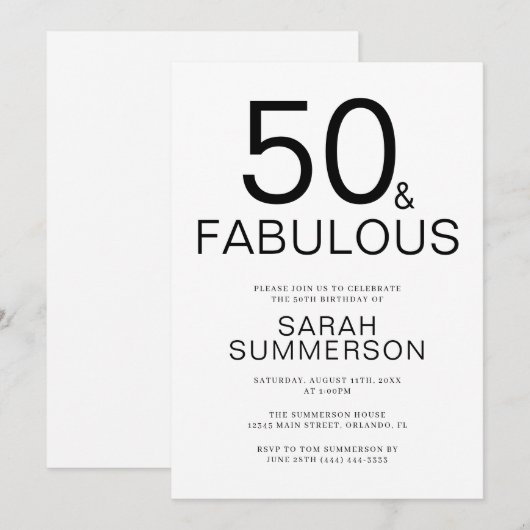 Minimal Fifty and Fabulous 50th Birthday Party Kaart (Voorkant / Achterkant)