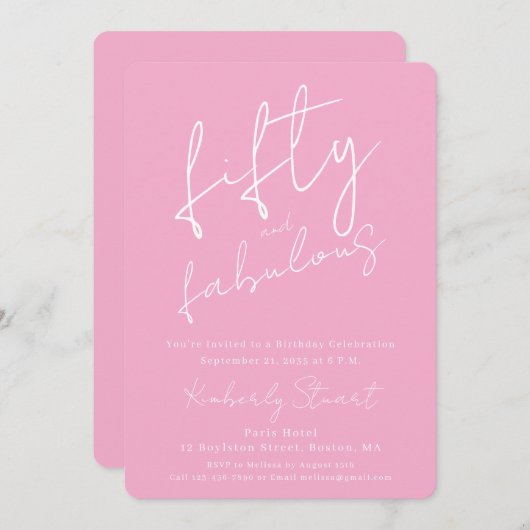 Minimal Fifty & Fabulous 50th Script Pink Birthday Kaart (Voorkant / Achterkant)