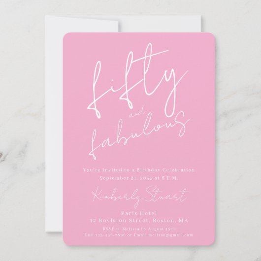 Minimal Fifty & Fabulous 50th Script Pink Birthday Kaart (Voorkant)