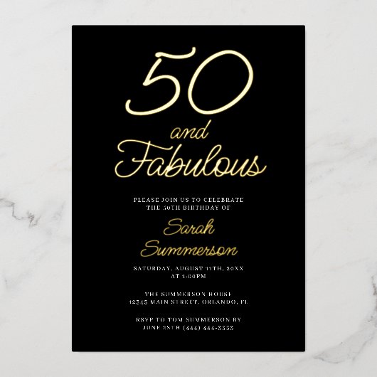 Minimal Fifty Fabulous Black 50th Birthday Party Folie Uitnodiging (Voorkant)