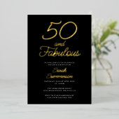 Minimal Fifty Fabulous Black 50th Birthday Party Folie Uitnodiging (Staand Voorkant)