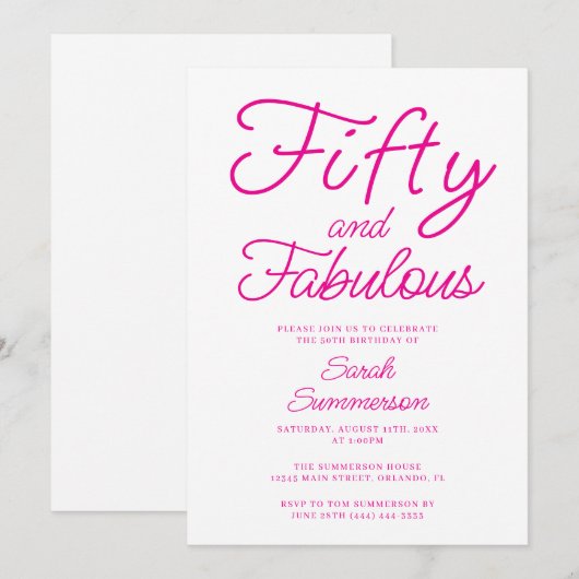 Minimal Fifty Fabulous Pink 50th Birthday Party Kaart (Voorkant / Achterkant)