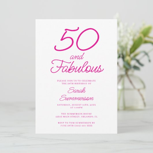 Minimal Fifty Fabulous Pink 50th Birthday Party Kaart (Staand voorkant)