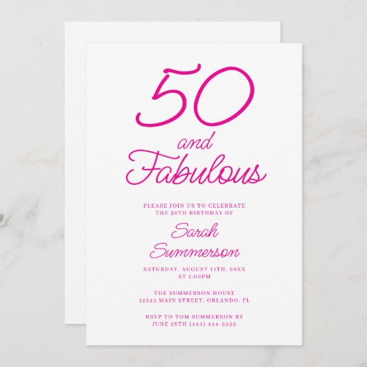 Minimal Fifty Fabulous Pink 50th Birthday Party Kaart (Voorkant / Achterkant)