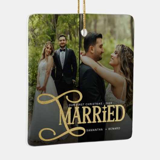 Minimal First Christmas Married Couples 2 Photos Keramisch Ornament (Rechts)