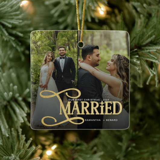 Minimal First Christmas Married Couples 2 Photos Keramisch Ornament (Boom)