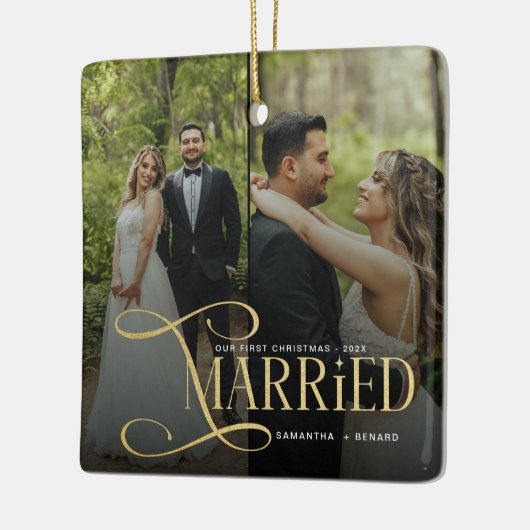 Minimal First Christmas Married Couples 2 Photos Keramisch Ornament (Links)
