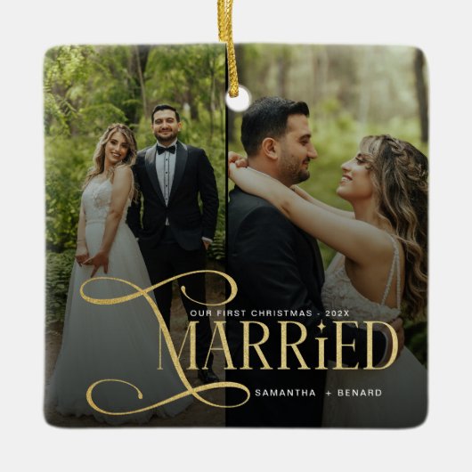 Minimal First Christmas Married Couples 2 Photos Keramisch Ornament (Voorkant)
