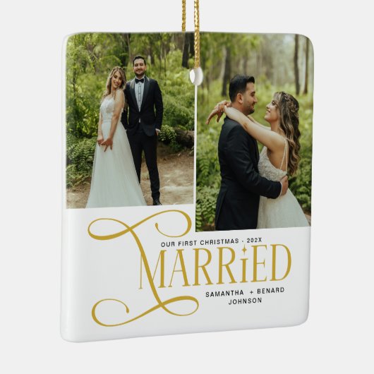 Minimal First Christmas Married Couples 2 Photos Keramisch Ornament (Rechts)