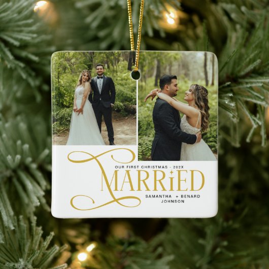Minimal First Christmas Married Couples 2 Photos Keramisch Ornament (Boom)