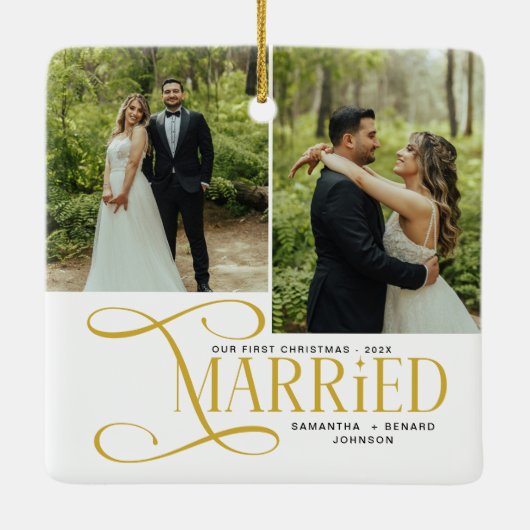 Minimal First Christmas Married Couples 2 Photos Keramisch Ornament (Achterkant)