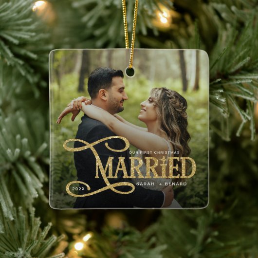 Minimal First Christmas Married Couples 2 Photos Keramisch Ornament (Boom)