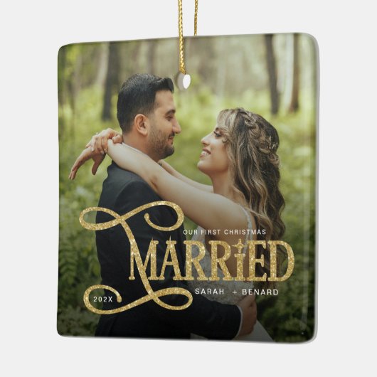 Minimal First Christmas Married Couples 2 Photos Keramisch Ornament (Links)