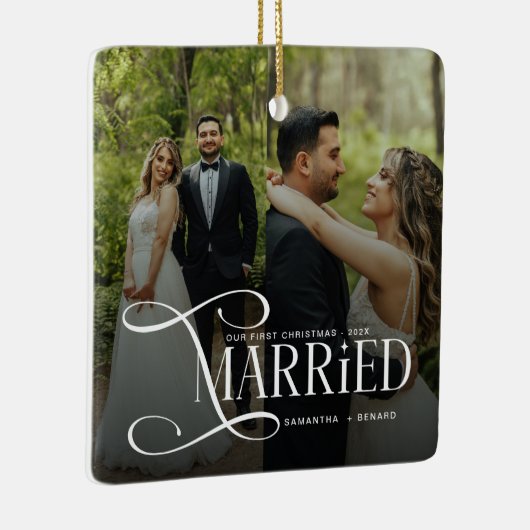 Minimal First Christmas Married Couples 2 Photos Keramisch Ornament (Rechts)