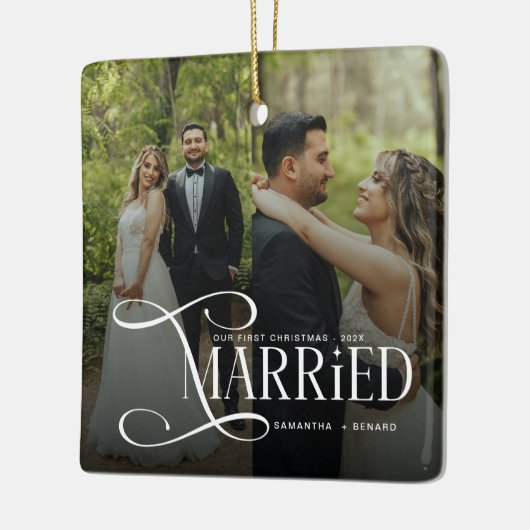 Minimal First Christmas Married Couples 2 Photos Keramisch Ornament (Links)