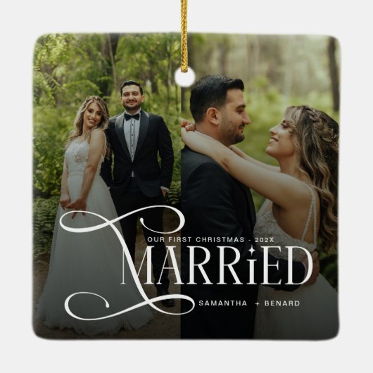 Minimal First Christmas Married Couples 2 Photos Keramisch Ornament (Achterkant)