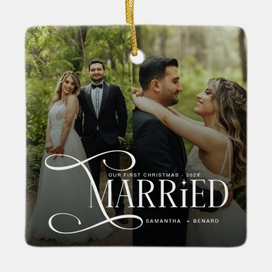 Minimal First Christmas Married Couples 2 Photos Keramisch Ornament (Voorkant)