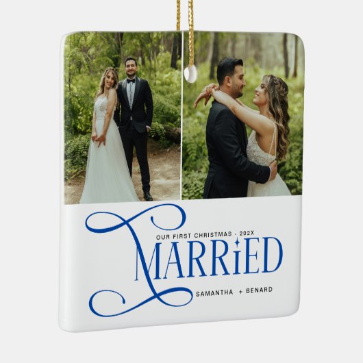 Minimal First Christmas Married Couples 2 Photos Keramisch Ornament (Rechts)