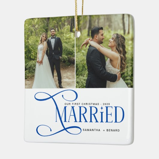 Minimal First Christmas Married Couples 2 Photos Keramisch Ornament (Links)