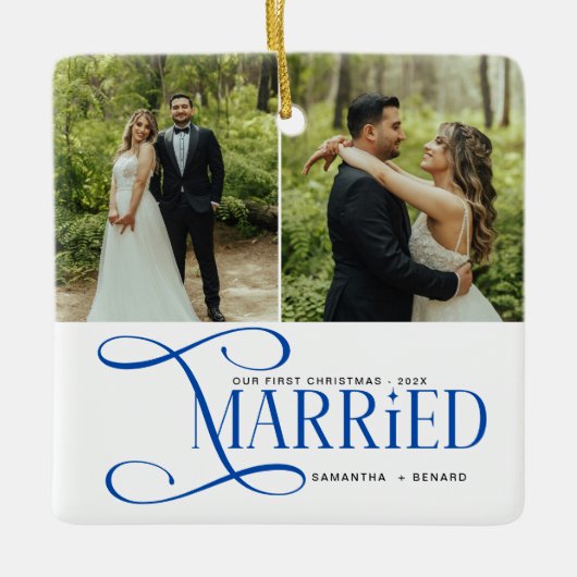 Minimal First Christmas Married Couples 2 Photos Keramisch Ornament (Voorkant)