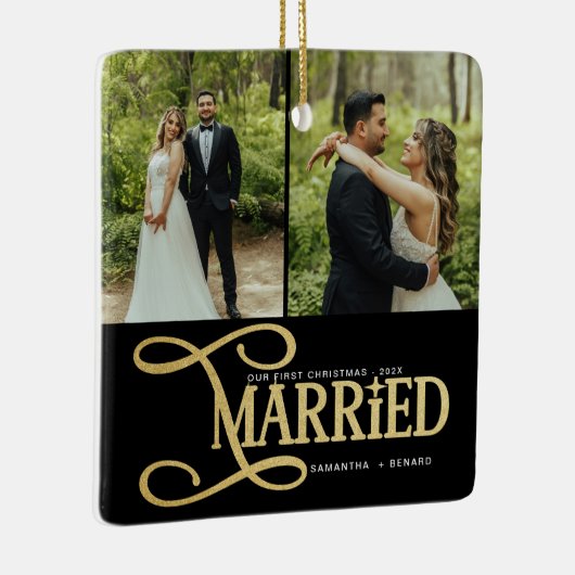 Minimal First Christmas Married Couples 2 Photos Keramisch Ornament (Rechts)