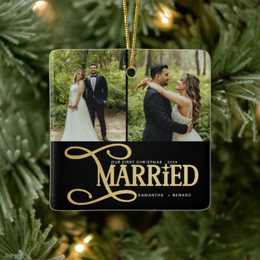 Minimal First Christmas Married Couples 2 Photos Keramisch Ornament (Boom)