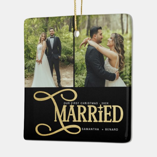 Minimal First Christmas Married Couples 2 Photos Keramisch Ornament (Links)