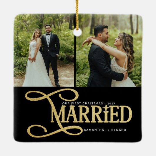 Minimal First Christmas Married Couples 2 Photos Keramisch Ornament (Achterkant)