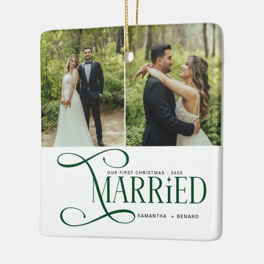 Minimal First Christmas Married Couples 2 Photos Keramisch Ornament (Links)