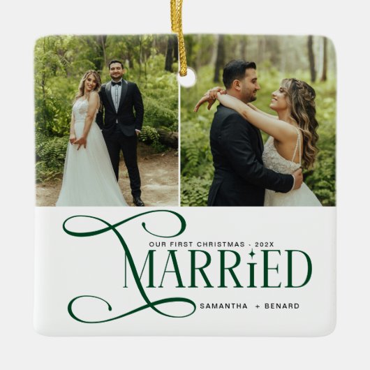 Minimal First Christmas Married Couples 2 Photos Keramisch Ornament (Voorkant)