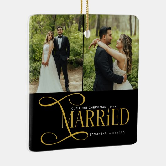 Minimal First Christmas Married Couples 2 Photos Keramisch Ornament (Rechts)