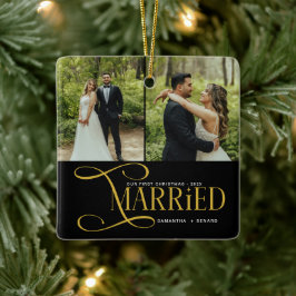 Minimal First Christmas Married Couples 2 Photos Keramisch Ornament