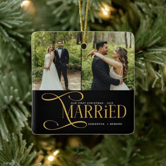 Minimal First Christmas Married Couples 2 Photos Keramisch Ornament (Boom)
