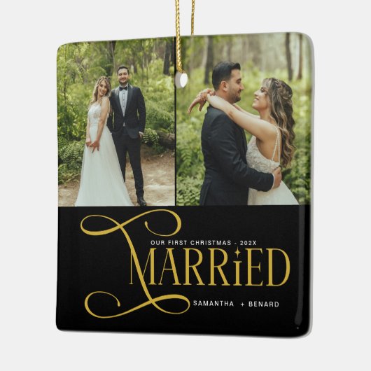 Minimal First Christmas Married Couples 2 Photos Keramisch Ornament (Links)