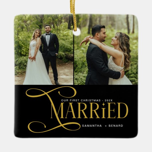 Minimal First Christmas Married Couples 2 Photos Keramisch Ornament (Voorkant)