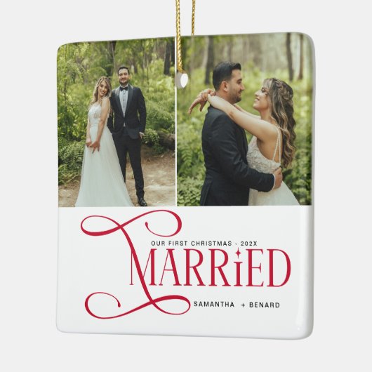Minimal First Christmas Married Couples 2 Photos Keramisch Ornament (Links)