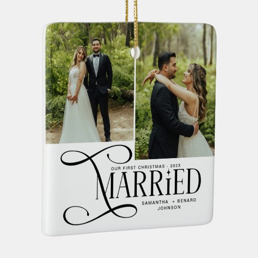 Minimal First Christmas Married Couples 2 Photos Keramisch Ornament (Rechts)