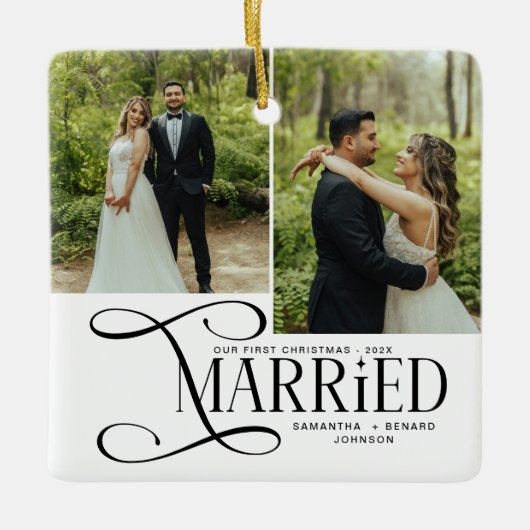 Minimal First Christmas Married Couples 2 Photos Keramisch Ornament (Voorkant)