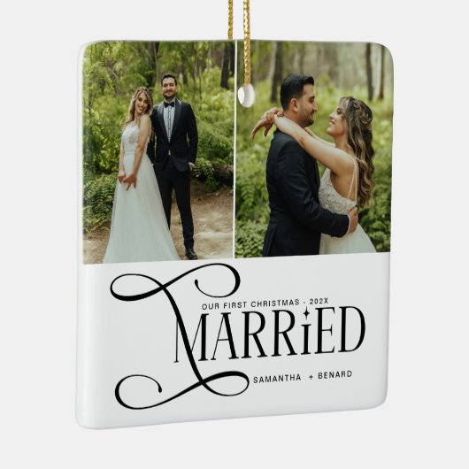 Minimal First Christmas Married Couples 2 Photos Keramisch Ornament (Rechts)