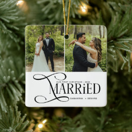 Minimal First Christmas Married Couples 2 Photos Keramisch Ornament