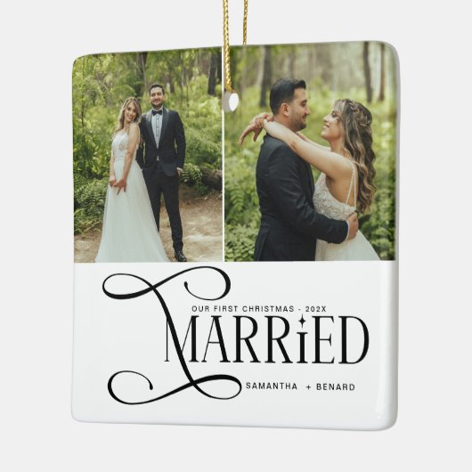 Minimal First Christmas Married Couples 2 Photos Keramisch Ornament (Links)