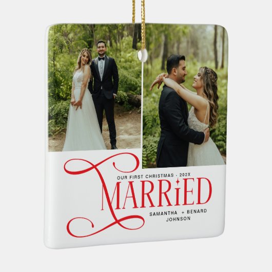 Minimal First Christmas Married Couples 2 Photos Keramisch Ornament (Rechts)