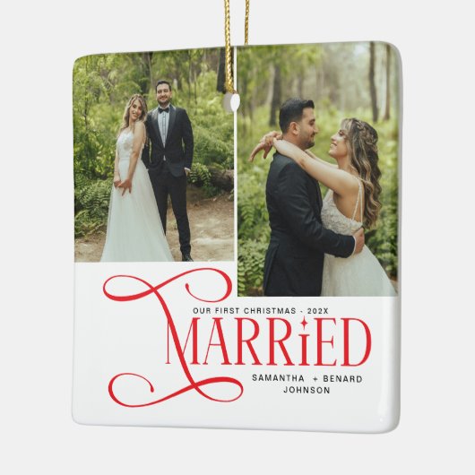 Minimal First Christmas Married Couples 2 Photos Keramisch Ornament (Links)