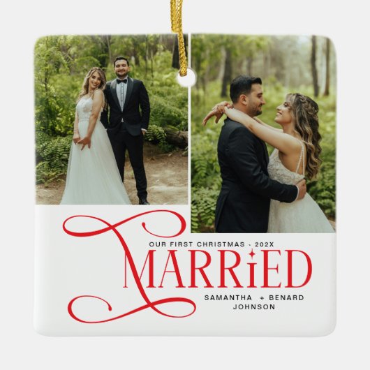 Minimal First Christmas Married Couples 2 Photos Keramisch Ornament (Voorkant)