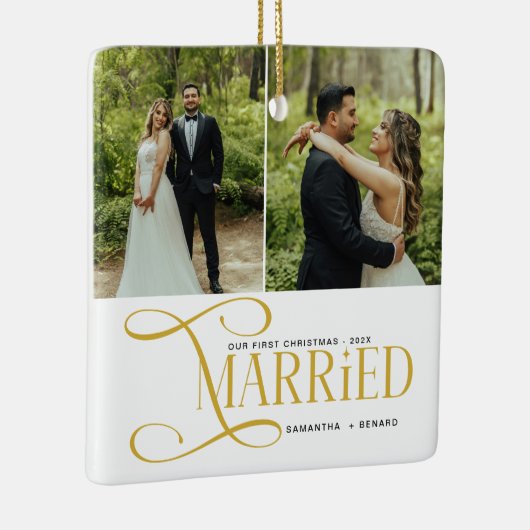 Minimal First Christmas Married Couples 2 Photos Keramisch Ornament (Rechts)