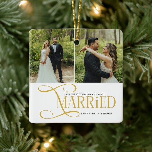 Minimal First Christmas Married Couples 2 Photos Keramisch Ornament (Boom)