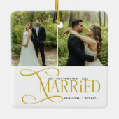 Minimal First Christmas Married Couples 2 Photos Keramisch Ornament (Voorkant)