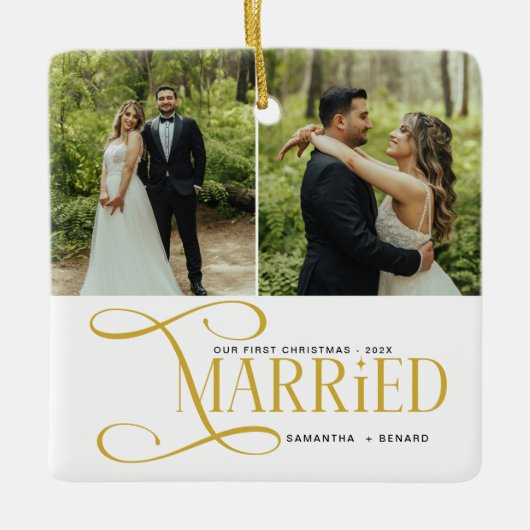 Minimal First Christmas Married Couples 2 Photos Keramisch Ornament (Voorkant)